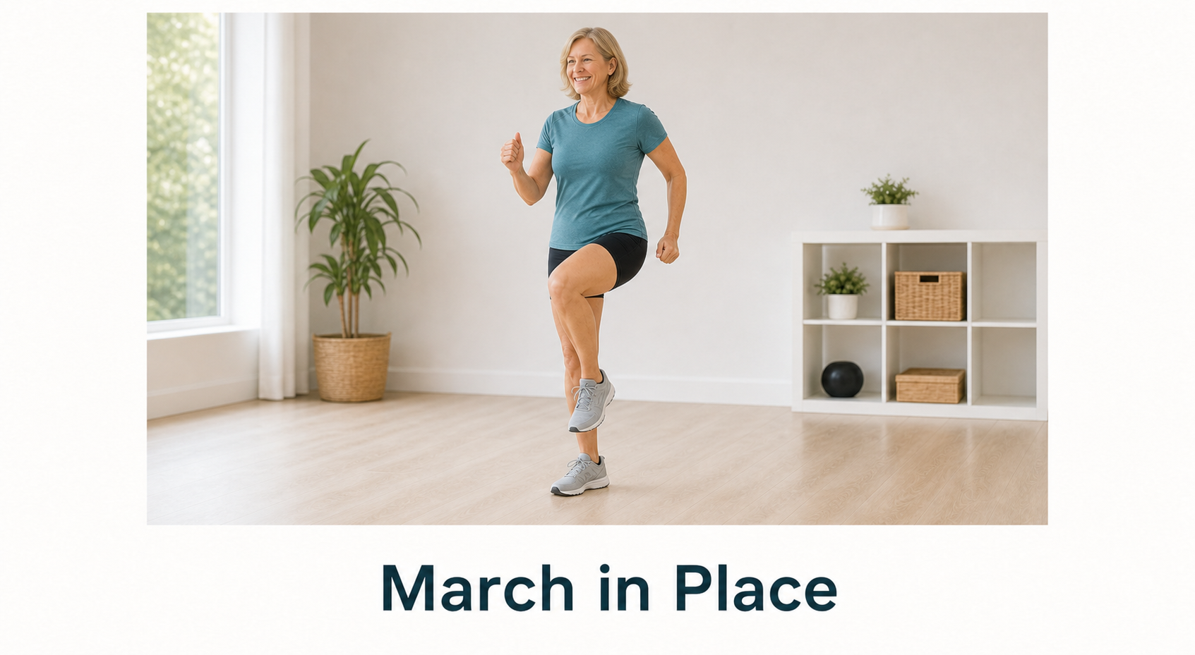 Woman marching in place in a bright home workout room